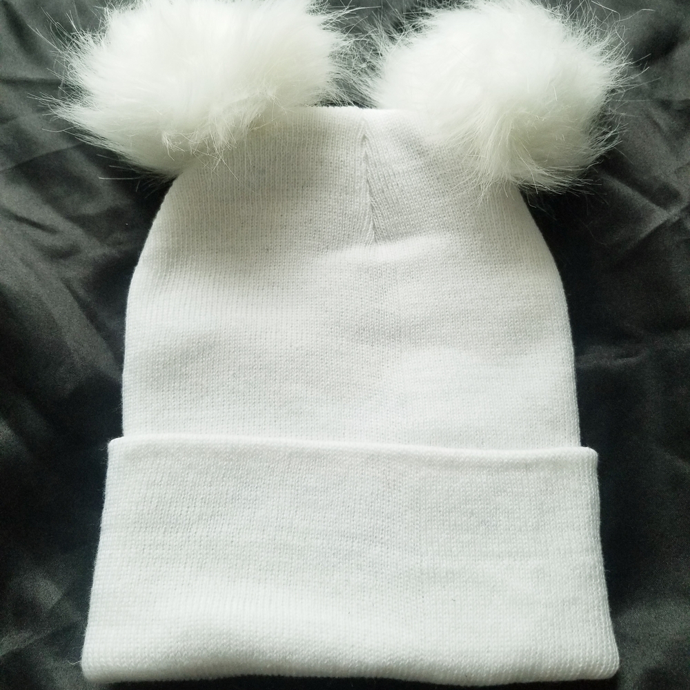 White Kids Beanie with Pom Poms